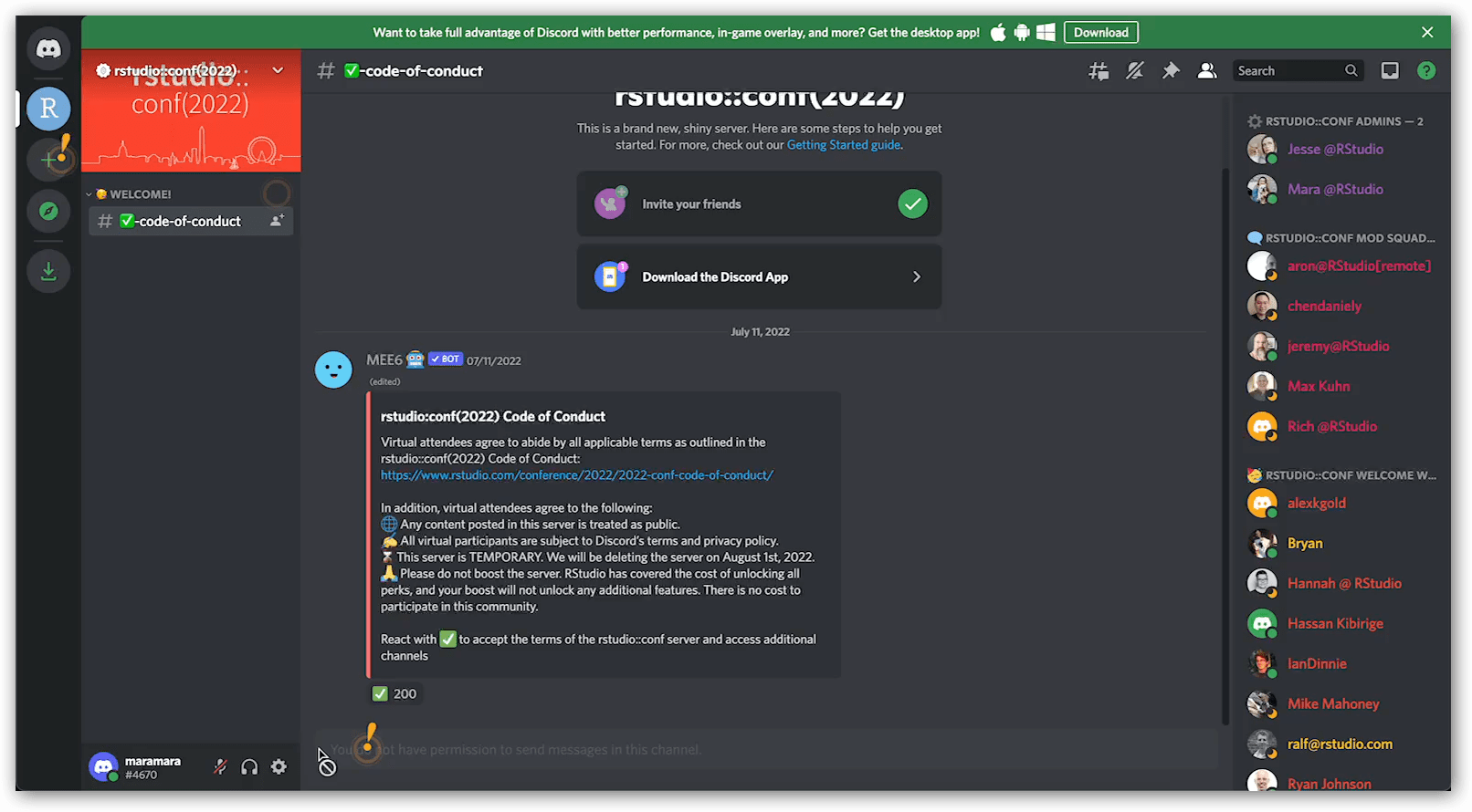 Screenshot of rstudio::conf(2022) Discord upon first joining. The only channel in the left-hand sidebar is the code-of-conduct channel. The content of that channel shows text describing the code of conduct and indicating that you should click the checkbox to agree.