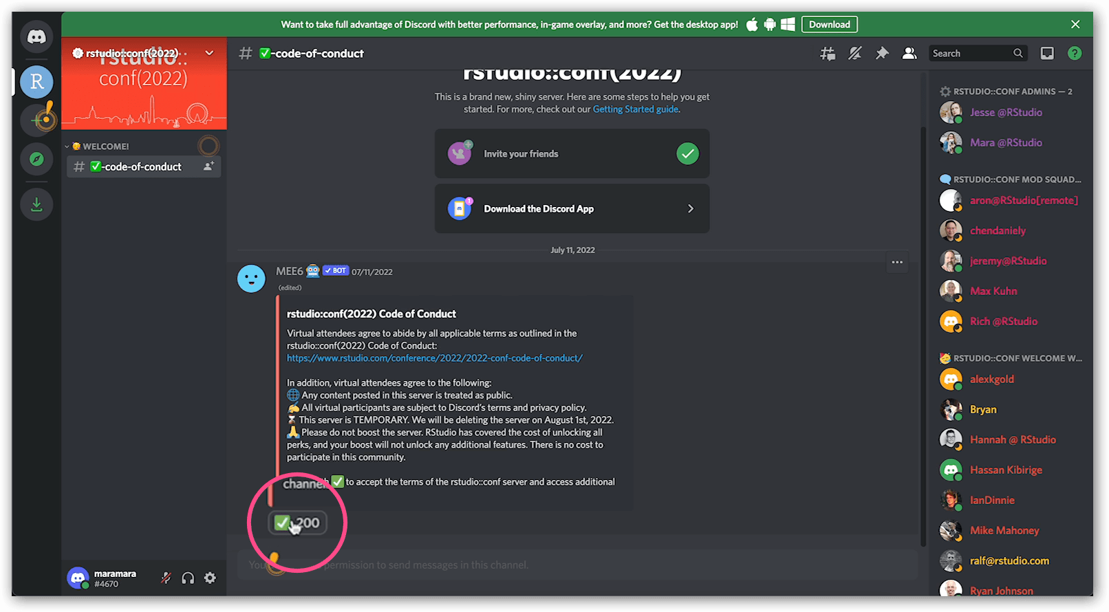The content of the code-of-conduct channel shows text describing the code of conduct and indicating that you should click the checkbox to agree. There is a zoomed in circle around the checkbox where you should click.