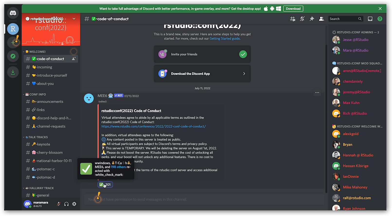 With checkbox reaction clicked under code of conduct, the left-hand sidebar shows many channels.