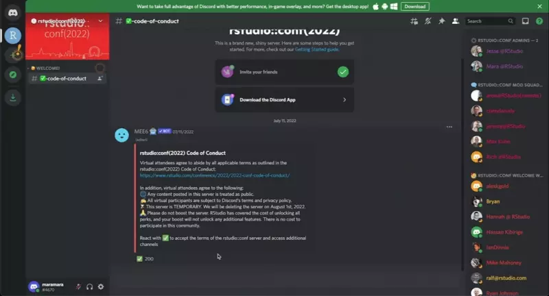 Discord site upon first joining shows only one channel. Mouse is moved to check box under code of conduct. Once box is checked, more channels appear.
