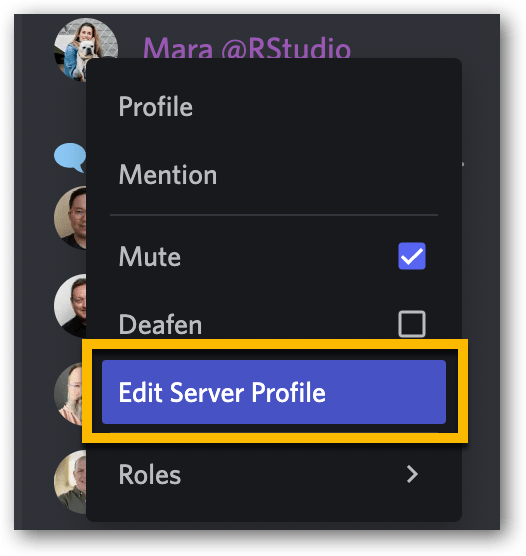 Portion of Server Member List on top of which a menu is displayed with a list of options: Profile, Mention, Mute, Deafen, Edit Server Profile, and Roles. Edit Server Profile is highlighted and has a yellow box drawn around it.