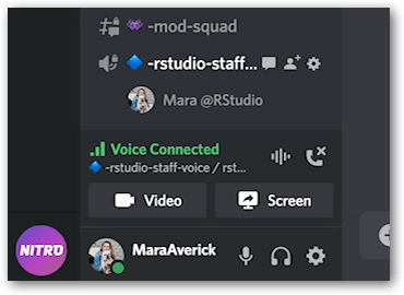 Bottom of Discord's left-hand sidebar with voice-connection box between the list of channels and the user settings options. The voice-connection section shows Voice Connected, the name of the channel, and, on the right, a call-connection icon.