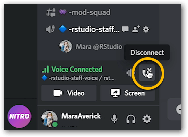 Voice connection box with call-connection button (a phone with an x above it) zoomed in. The cursor is hovering over the call-connection button, and the tooltip reads Disconnect.