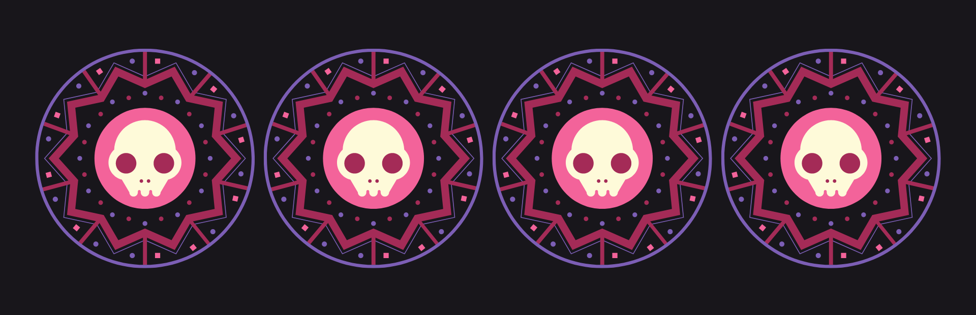 Cartoon skulls in decorative circles.